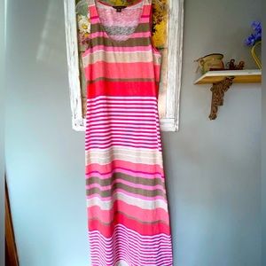 Tommy Bahama Pink, Coral & Tan Striped Sleeveless Maxi Dress